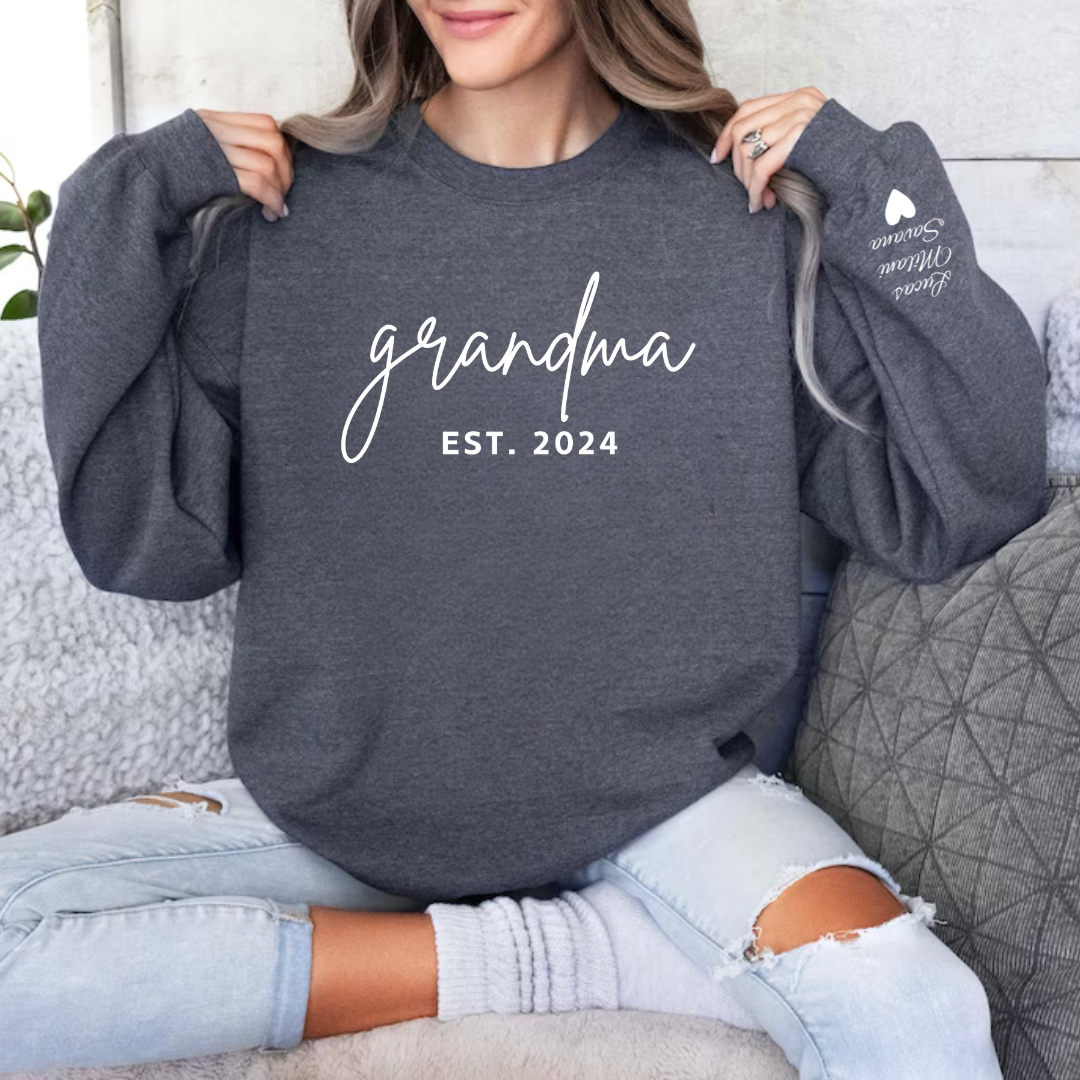 Personalized Grandma Sweatshirt | Grandchildren Name on Sleeves - Gifting Headquarters Personalized Grandma Sweatshirt | Grandchildren Name on Sleeves Gifting Headquarters Dark Heather / S AnywherePOD