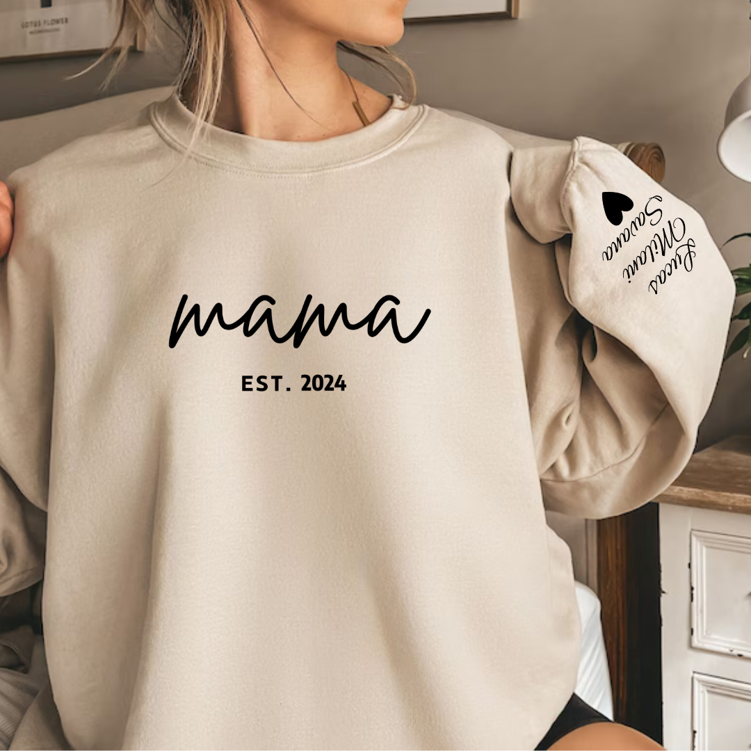 Personalized Mama Sweatshirt with Names on Sleeves - Gifting Headquarters Personalized Mama Sweatshirt with Names on Sleeves Gifting Headquarters Sand / S AnywherePOD