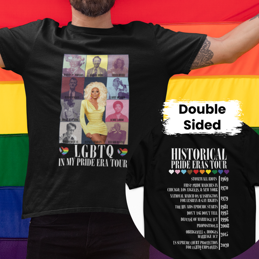 Pride T-shirt - Discover our Historical Pride T-shirt featuring iconic figures from LGBTQ+ history on a sleek black tee. Front and back designs celebrate the legacy of those who shaped pride history.